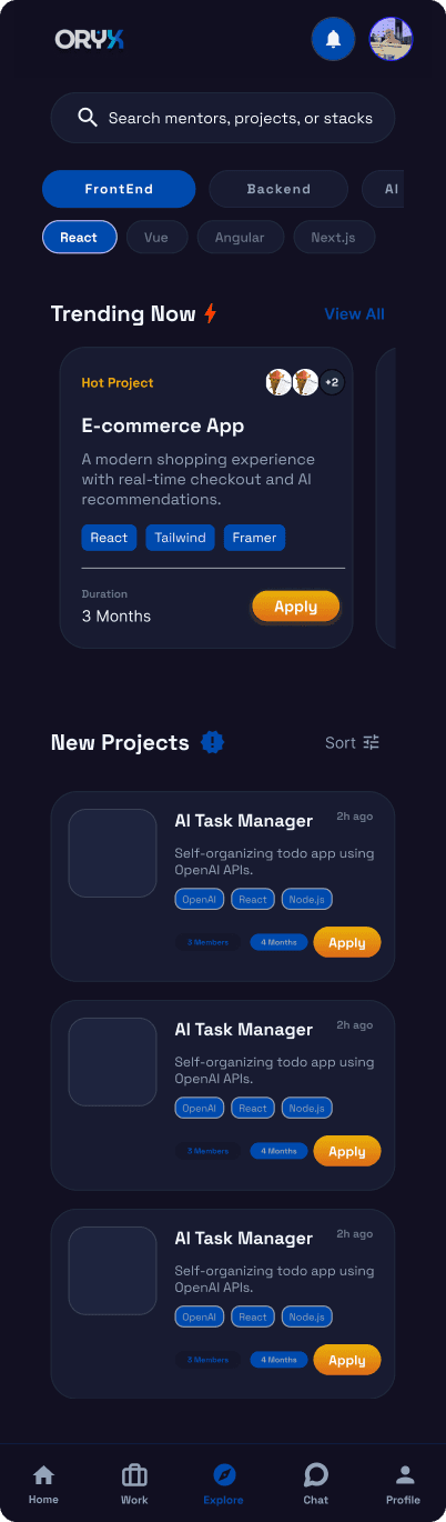 ORYX app explore screen