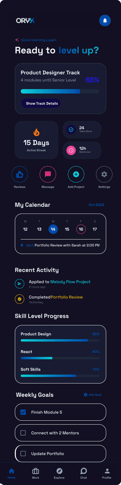 ORYX app home screen